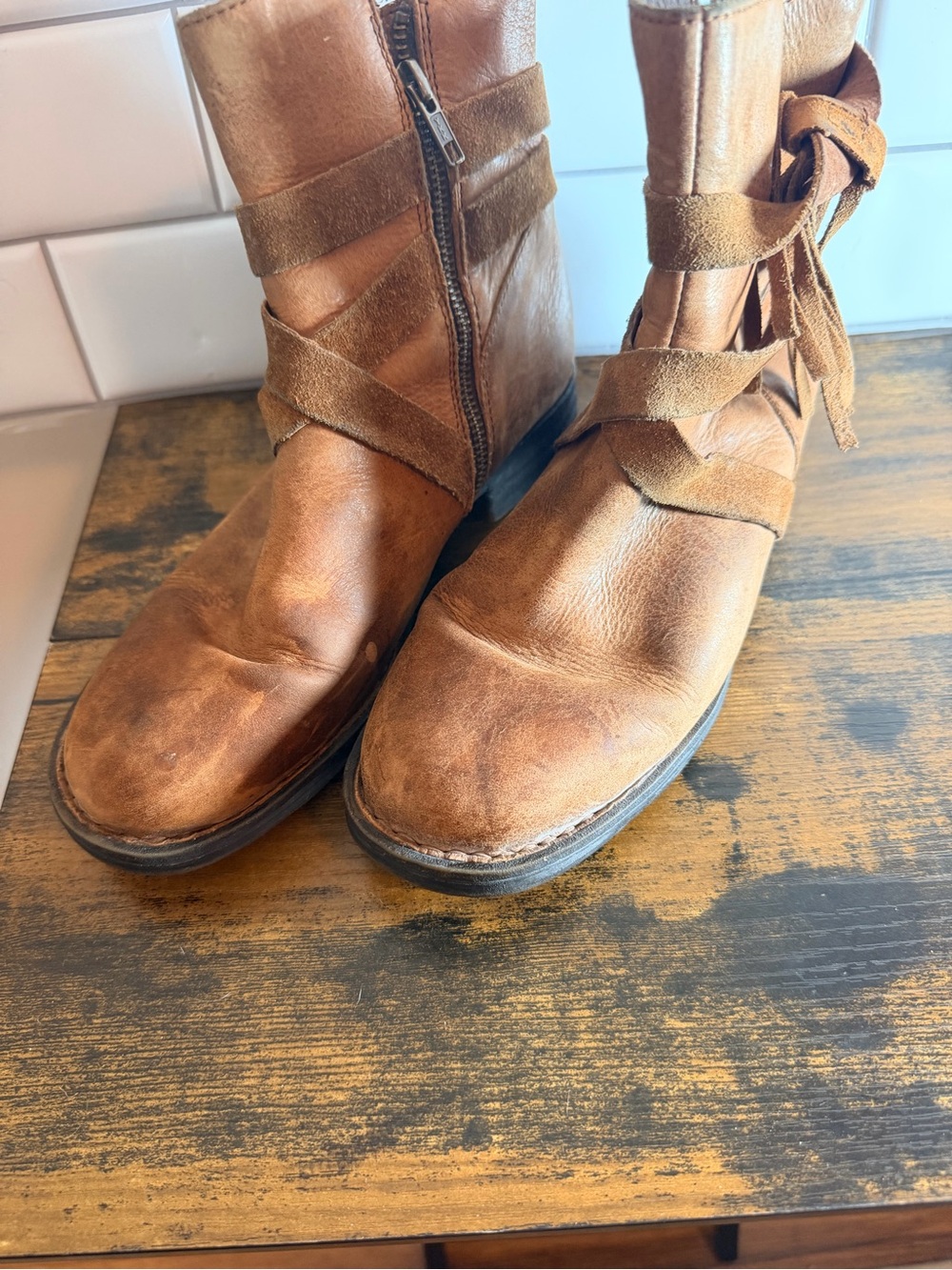 Born Tan Leather Ankle Boots with Wrap Suede Straps